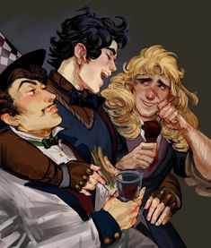 two men and a woman drinking wine together