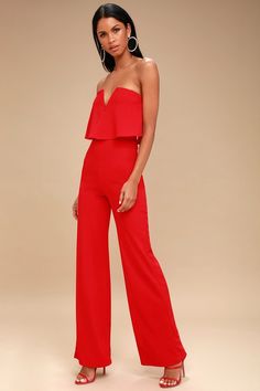 Red Jumpsuits Outfit, Bandeau Jumpsuit, Lulu Pants, Rompers Dressy, Wedding Jumpsuit, Power Of Love, Jumpsuit Outfit, Strapless Jumpsuit, Red Jumpsuit