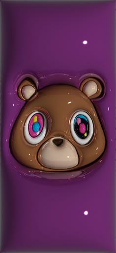 a brown teddy bear with big eyes on purple background