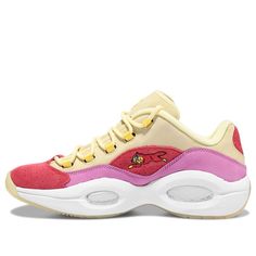 The BBC Ice Cream x Reebok Question Low 'Yellow Red' is a special edition shoe developed in partnership with Pharrell's streetwear brand. This low-top shoe features a yellow nubuck upper, pink suede mudguard, and contrasting red toe cap in perforated suede. The same crimson suede detailing is applied to the heel tab and quarter panel, accented with the BBC running dog graphic on the lateral side. Ice Cream branding decorates the tongue tag. This shoe is perfect for anyone who wants to make a sta Custom Yellow Low-top Sneakers With Red Sole, Sporty Yellow Custom Sneakers With Red Sole, Sporty Custom Yellow Sneakers With Red Sole, Yellow Lace-up Sneakers With Red Sole, Yellow Sneakers With Red Sole For Sports, Yellow Sporty Sneakers With Red Sole, Sporty Yellow Sneakers With Red Sole, Yellow Sneakers With Red Sole, Ice Cream Branding