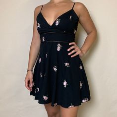 Nwt Black With Pink Roses. Adjustable Straps Cute Black Mini Length Dresses, Black Mini Sundress For Spring, Black Fitted Mini Sundress, Cute Black Sleeveless Mini Dress, Black Sleeveless Feminine Mini Dress, Cute Fitted Black Mini Dress, Black V-neck Sundress For Spring, Black Sundress For Spring Date Night, Black Fit And Flare Mini Dress For Spring