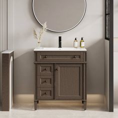 a bathroom vanity with a round mirror above it