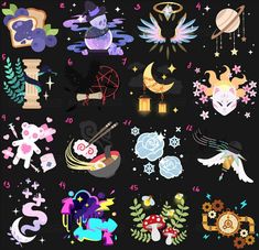 an assortment of stickers on a black background with stars, moon and other items