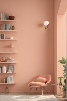 a living room with pink walls and shelves filled with books, vases and plants