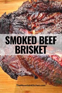 smoked beef brisket on a cutting board with text overlay