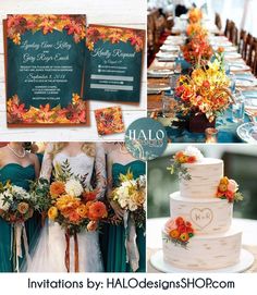 wedding stationery with fall leaves and flowers on the table, including an autumn themed cake