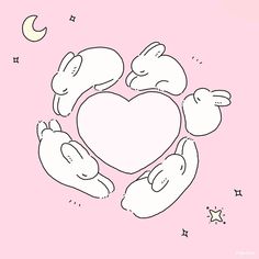 a heart surrounded by rabbits on a pink background with stars and the moon in the sky