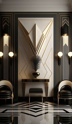 an art deco room with black and white walls, gold trimmings and chairs