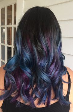 Galaxy Bayalage Hair, Dark Brown Hair With Fashion Color, Dark Blue Lowlights In Brown Hair, Dark Blue And Purple Hair Highlights, Auburn Hair With Blue Highlights, Blue Ombre Hair Color For Brunettes, Blue Ombre Hair Medium Length, Jewel Toned Hair, Light Brown And Blue Hair