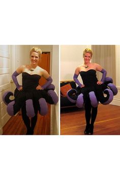 two pictures of a woman dressed up as an octopus and wearing a dress made out of balloons