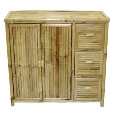 a wooden cabinet with drawers and doors made out of bamboo planks on the sides