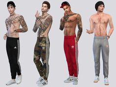 three men with tattoos standing next to each other wearing sweatpants and adidas pants