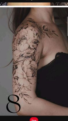 a woman's arm with flowers on it and the number 8 in front of her