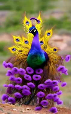 a peacock standing on top of purple flowers