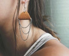 Natural Leather with Cascading Chain Dangle Boho Earrings | Chestnut Brown, Redwood, and Black Small Dangle Earrings, Purple Wedding, Chain Earrings, Leather Earrings