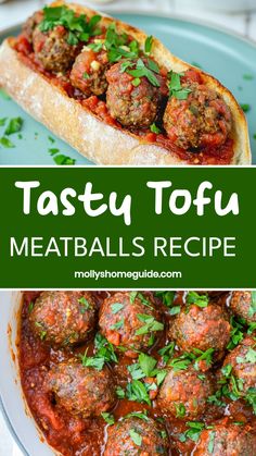 meatballs in tomato sauce with parsley on top and the title text reads tasty tofu meatballs recipe