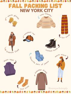 the new york city's fall packing list is shown in this poster, which includes items