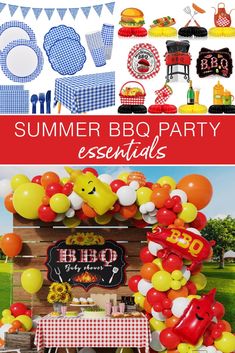 an outdoor bbq party with balloons and decorations