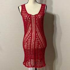 Beautiful Nwt Armpit To Armpit 13” Length 36” 80% Acrylic 20% Nylon Red Stretch Mini Dress For Summer, Red Fitted Beach Dress, Red Fitted Beachwear Dress, Fitted Red Mini Dress For Vacation, Red Lace Knee-length Mini Dress, Red Beachwear Mini Dress For Spring, Red Knee-length Beach Dress, Red Knee-length Mini Dress For Beach, Red Knee-length Mini Dress For Vacation