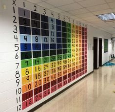 a wall with numbers and times on it in an office building or school hallway that is painted multicolored