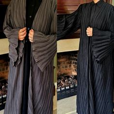 Eye-catching, oversized open abaya with striking, notable, pleats. The impressive Zoya abaya is made out of the best quality nidha material and great care has been taken during the manufacturing process to allow for unique pleats. Perfect for all occasions, easily styled and effortlessly chic. Comes with a Black hijab with matching abaya colour trim. Can be worn as an overcoat.  Material - Nidha Colour - Dark Grey and Black  Sizing details (cm)                  Small (sleeve 53, bust 104, hip 11 Oversized Black Abaya, Oversized Black Long Sleeve Abaya, Oversized Long Sleeve Black Abaya, Black Oversized Long Abaya, Oversized Black Long Abaya, Elegant Oversized Abaya, Elegant Long Oversized Abaya, Elegant Oversized Long Abaya, Oversized Overcoat