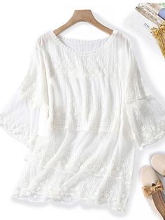 Description SPU: WSH217529 Material: Lace Pattern Type: Plain/Solid Color Sleeve Type: trumpet sleeve Style: Retro/Casual/Vacation/Elegant/Simplicity/Pastorale Neckline: Round neck Process: Splicing/chain link Theme: Spring/Summer Thickness: Moderate Elasticity: No elasticity Occasion: Beach/Outdoor/Indoor/Daily/Party/Vacation Fit: Loose *The item does not include any accessories in the picture, unless stated otherwise in the product description.Size chart Size Shoulder Bust Length CM INCH CM IN White Half Sleeve Blouse For Spring, White Bell Sleeve Top With Ruffles, White Ruffle Sleeve Blouse For Summer, Summer Crew Neck Blouse For Brunch, Casual White Blouse With Ruffle Sleeves, White Ruffle Sleeve Tops For Vacation, White Crew Neck Blouse For Brunch, White Half-sleeve Summer Blouse, White Ruffle Sleeve Top For The Beach