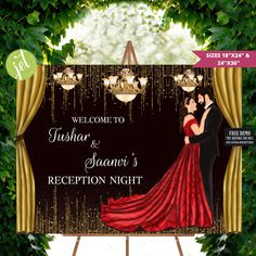 a welcome sign for a newly married couple in front of a backdrop with chandeliers