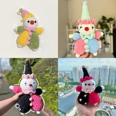 four different crocheted items are shown in this collage, one is an owl and the other has a clown on it