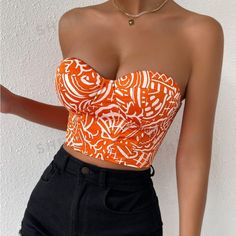 Super Cute And Stylish Ships In 5-10 Business Days Floral Print Bandeau Top For Party, Fitted Floral Print Bandeau Top, Fitted Bandeau Top With Floral Print, Trendy Bandeau Top With Floral Print, Fitted Orange Tube Top For Beach, White Fitted Floral Print Tube Top, Fitted White Floral Print Tube Top, Chic Fitted Orange Crop Top, Fitted Orange Summer Crop Top