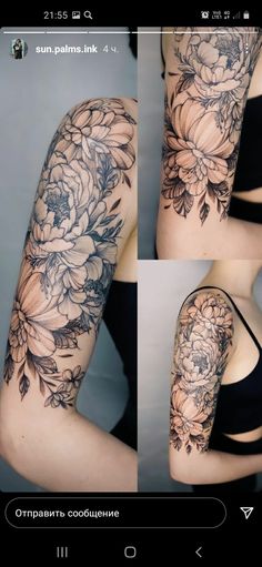 a woman's arm with flowers and leaves tattooed on her arms, both in black and white