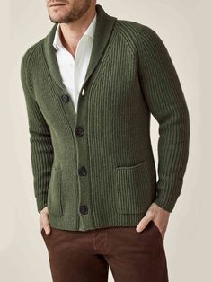 This shawl collar cardigan is knitted in Bergamo, Northern Italy, with 100% four-ply cashmere from the prestigious Cariaggi Fine Yarns Collection, using gauge five with a weight of circa 800 gr.This cardigan is crafted with a ribbed handle that locks in warmth and feels superbly soft but robust. It fastens with classic horn buttons and has elegant double-fronted pockets. Our distinguished shawl collar sits neatly over both button-downs and crew-neck tees to create a timeless look.    Designed fo Classic Fitted Wool V-neck Sweater, Classic Sweater With Shawl Collar For Work, Classic Shawl Collar Sweater For Work, Elegant Wool Cardigan With Shawl Collar, Knit Shawl Collar Cardigan For Work, Wool Cardigan For Formal Winter Occasions, Elegant Cashmere Sweater With Shawl Collar, Classic Fitted Knitted Cardigan, Elegant Cashmere Cardigan With Shawl Collar