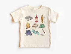 Little Camping Things Kids Shirt - Camp Gear Outfit - Natural Boho Adult, Toddler & Youth Tee If you love super soft, lightweight, extremely comfy shirts and baby bodysuits then you will absolutely love our unisex kids shirts and baby bodysuits! These shirts are hand printed with a professional garment printer for a soft, durable, long lasting, printed graphic using high quality water based inks. * The printed design is very soft to the touch due to our printing process blending the eco-friendly Summer Adventure Tops With Short Sleeves, Summer Graphic Print Tops For Outdoor Activities, Graphic Print Tops For Outdoor Summer Activities, Graphic Print Tops For Summer Outdoor Activities, Summer Shirt With Screen Print For Outdoor Activities, Summer Outdoor Shirt With Screen Print, Summer Outdoor Screen Print Tops, White Shirt For Summer Outdoor Activities, Summer Adventure Short Sleeve Shirt