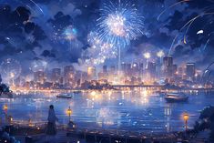 fireworks in the night sky over a city with boats on water and people walking by