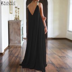 Zanzea Summer Sleeveless V Neck Maxi Dress Woemn Sundress Pure Color Flowy Long Swing Dress Vestido Chiffon Beach Dress, Long Fitted Dresses, Boho Beach Dress, Solid Skirt, Maxi Robes, Suspender Dress, Chiffon Maxi, Chiffon Maxi Dress, Necklines For Dresses