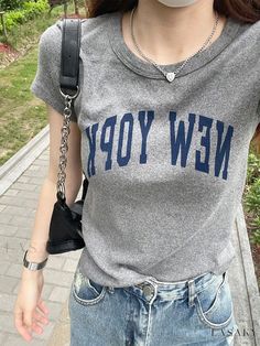 Lasaky - Vintage Grey Letter Printed Round Neck Cotton Short Sleeve Shirt Casual Gray Shirt With Letter Print, Casual Gray Shirt With Text Print, Trendy Gray Crew Neck Shirt, Trendy Gray Tops With Letter Print, Basic Tops, Olivia Mark, Types Of Collars, Cotton Shorts, Printed Shorts