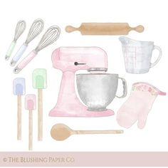 a pink mixer and kitchen utensils are shown in this watercolor painting style