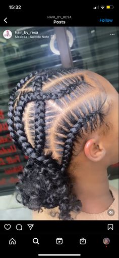 Stitch Braids With Blonde Ends, Braided Hairstyles Criss Cross, Cross Over Straight Back Braids, Stitch Braids Cornrows With Bun And Curls, Four Braids Cornrow Criss Cross, French Braids With Individuals In The Back, Crisscross Braids For Black Women, Crossed French Braids, Straight Back Feed In Braids Into 2 Buns With Curls