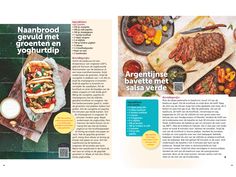 an article in a magazine about cooking with meats and vegetables on the table,