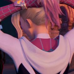 an animated character with pink hair wearing a spider - suit and holding her hands behind her head