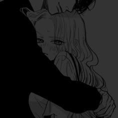 a man and woman hugging each other in black and white, with the background drawn by hand