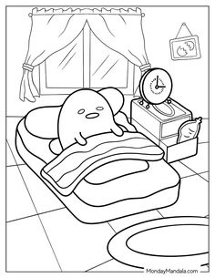 a cartoon character sleeping in bed with an alarm clock