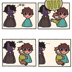 the comic strip shows two people talking to each other and one is holding a baby