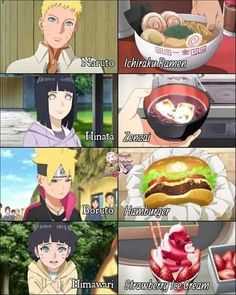 some anime characters with different foods in their hands and the caption that says they are eating