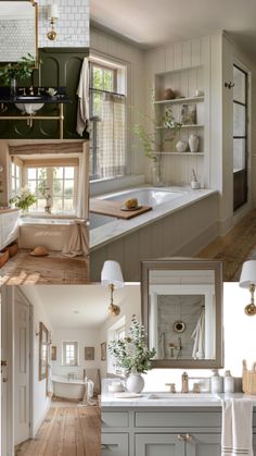 four different pictures of bathroom with wood floors and white walls, including tub, sink, mirror