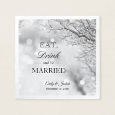 save the date card with winter trees and snowflakes on it, in black and white