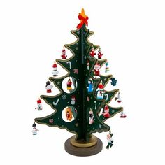 a wooden christmas tree with ornaments on it