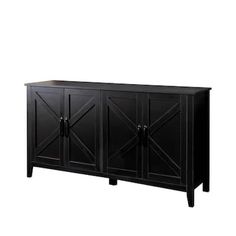 the sideboard is black and has three doors on one side, two drawers on the other