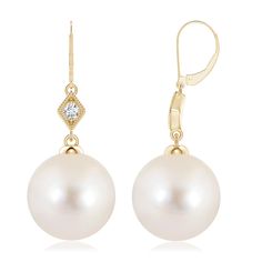 The Freshwater cultured pearls are linked to a dainty kite-shaped frame, embellished with a pavé-set diamond accent and milgrain detailing. These leverback pearl drop earrings in 14k yellow gold exude simple elegance. South Sea Pearls Earrings, Freshwater Pearl Earrings, Sea Pearl, Freshwater Pearls Earrings, South Sea Pearls, Freshwater Cultured Pearls, Simple Elegance, Pearl Drop Earrings, Pearl Drop