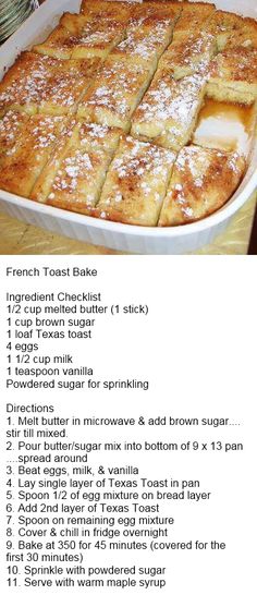 the recipe for french toast bake is shown in an image above it's description