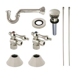 an assortment of bathroom accessories including toilet plunger, sink faucet and shower head